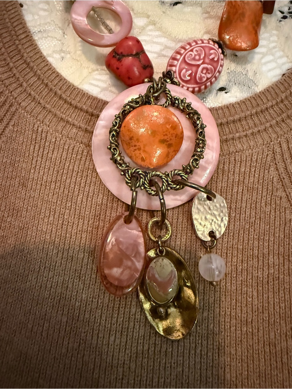 Pink and Orange Dangle Pendant Necklace - Women's Fashion Jewelry